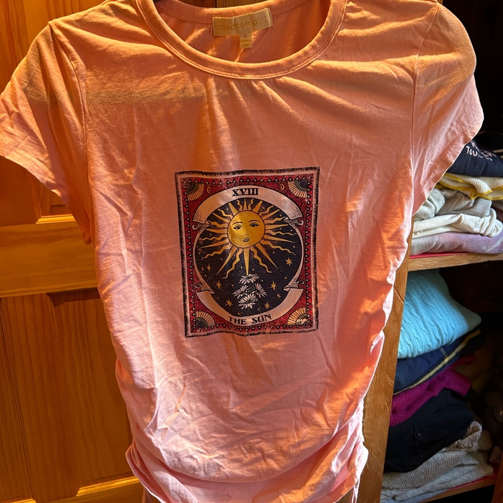 MADDEN GIRL Womens Pink Cinch Tie T-Shirt with Face Mask, Size L